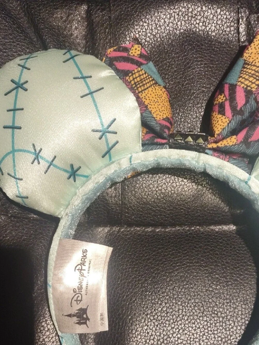 Disney Mint Stitch-Pattern Minnie Ears Headband with Multicolor Patchwork Bow
